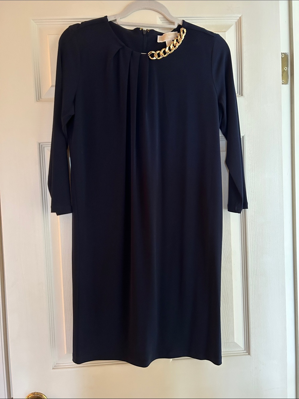 MICHAEL Michael Kors Navy Shift Dress with Gold Chain Accent